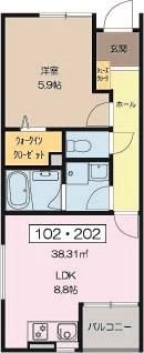 【間取】　202号室　１ＬＤＫ+ＷＩＣ　(38.31�u)